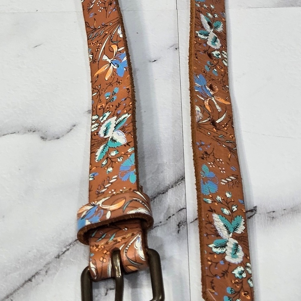 GAP Womens Medium Brown Leather Belt Ditsy Floral Vachetta Brass Buckle Skinny - Picture 7 of 8